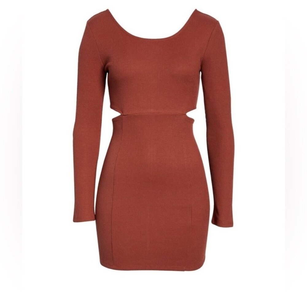 Open Edit Womens Rust Ribbed Cutout Long-Sleeve Mini Dress Size M